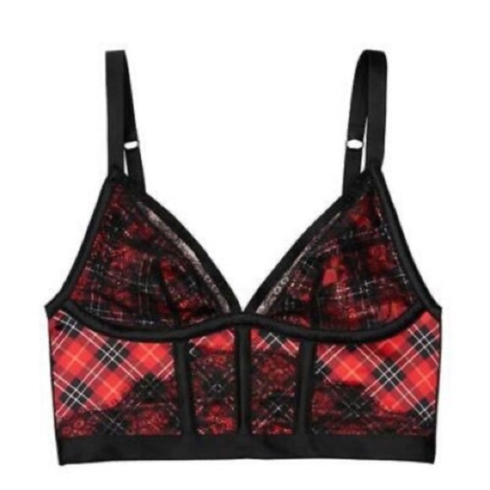 Sexy Unlined Bustier Satin lingerie Red plaid 90s punk lace Bralette top NWT - Picture 2 of 5